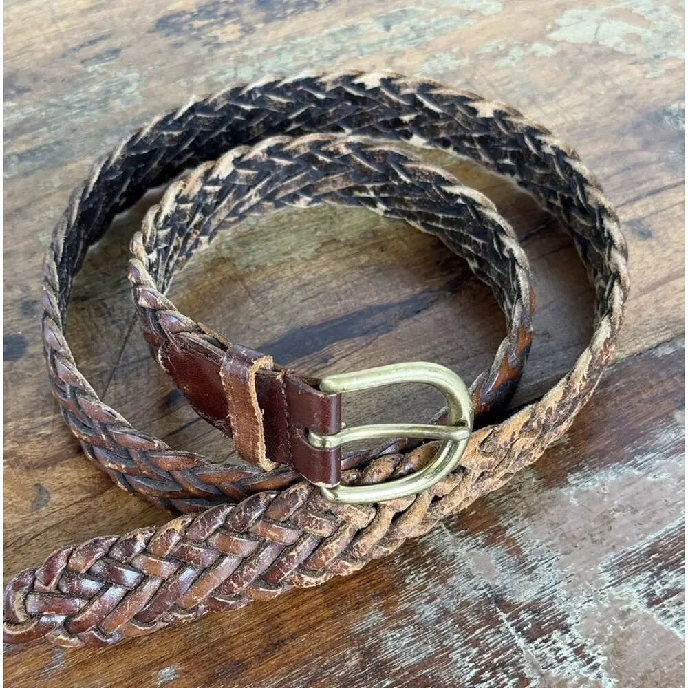 Vintage Brown Genuine Leather Braided Belt Size 36 Brass Buckle Boho Western